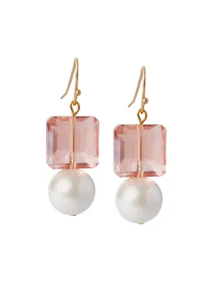 18K Matte Gold Plated Square Peach Crystal with Wire Wrapped Glass Pearl Earrings