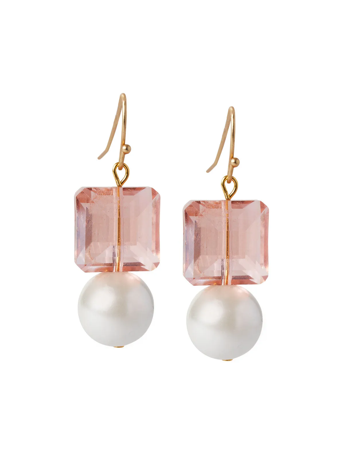 18K Matte Gold Plated Square Peach Crystal with Wire Wrapped Glass Pearl Earrings