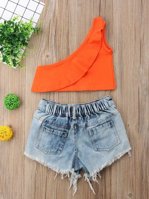 2-Piece One Shoulder Ruffle Crop Top Ripped Short Jeans for Summer Baby Little Girl
