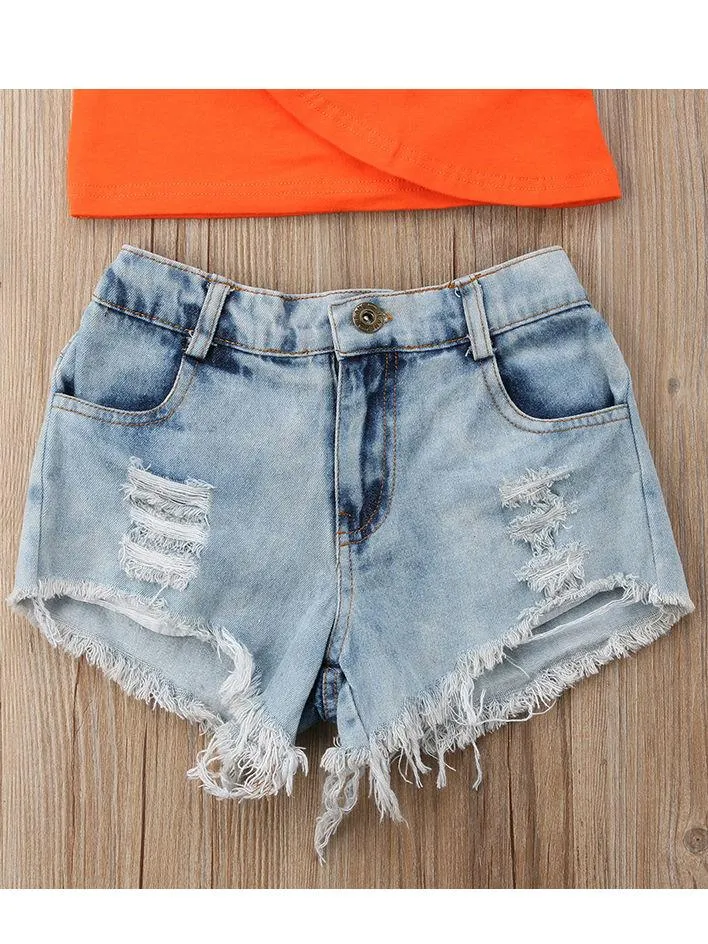 2-Piece One Shoulder Ruffle Crop Top Ripped Short Jeans for Summer Baby Little Girl