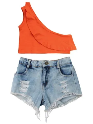 2-Piece One Shoulder Ruffle Crop Top Ripped Short Jeans for Summer Baby Little Girl