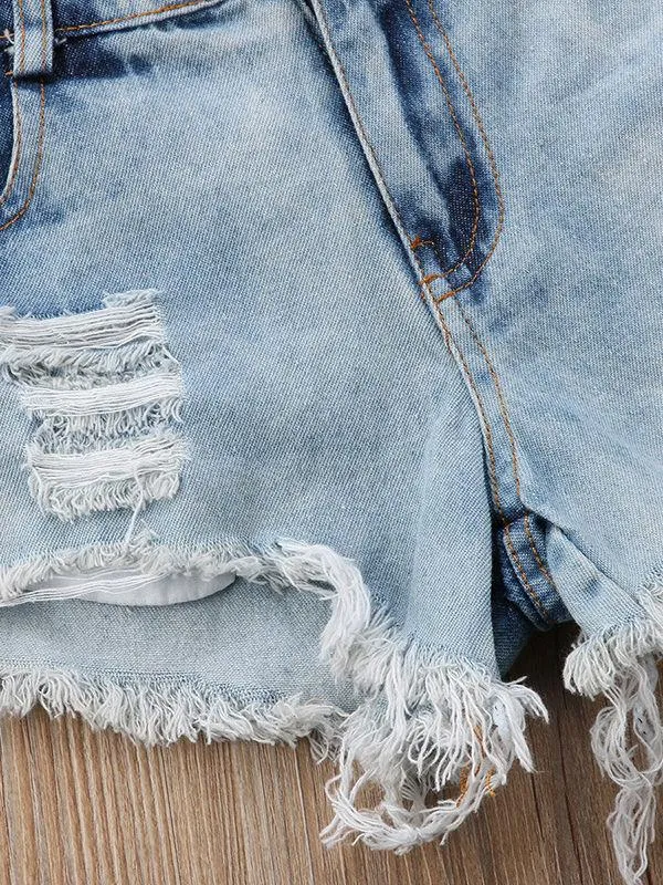 2-Piece One Shoulder Ruffle Crop Top Ripped Short Jeans for Summer Baby Little Girl