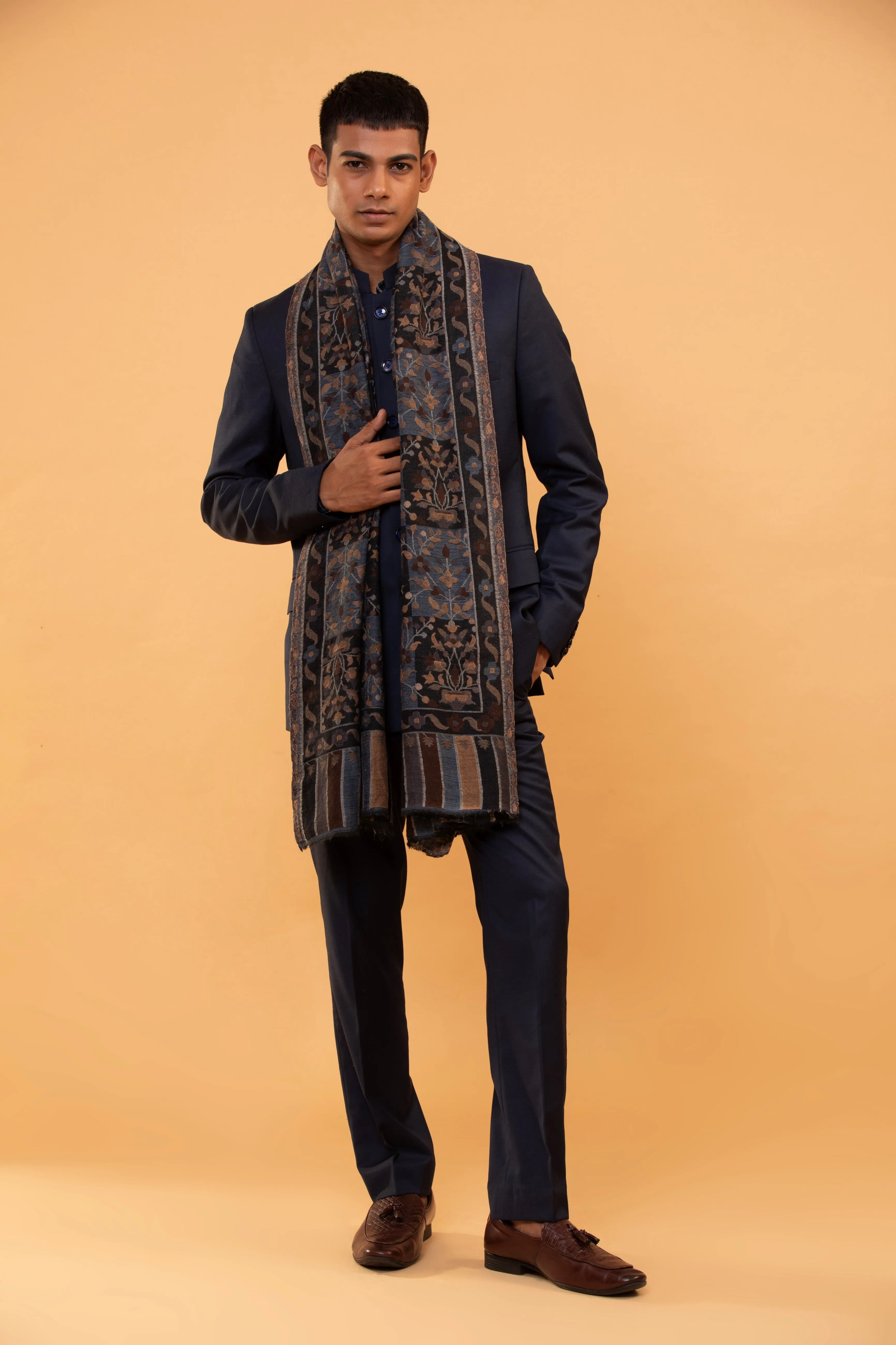 Alluring Dark Navy and Midnight Black Kani Shawl for Men with Paisley Pattern