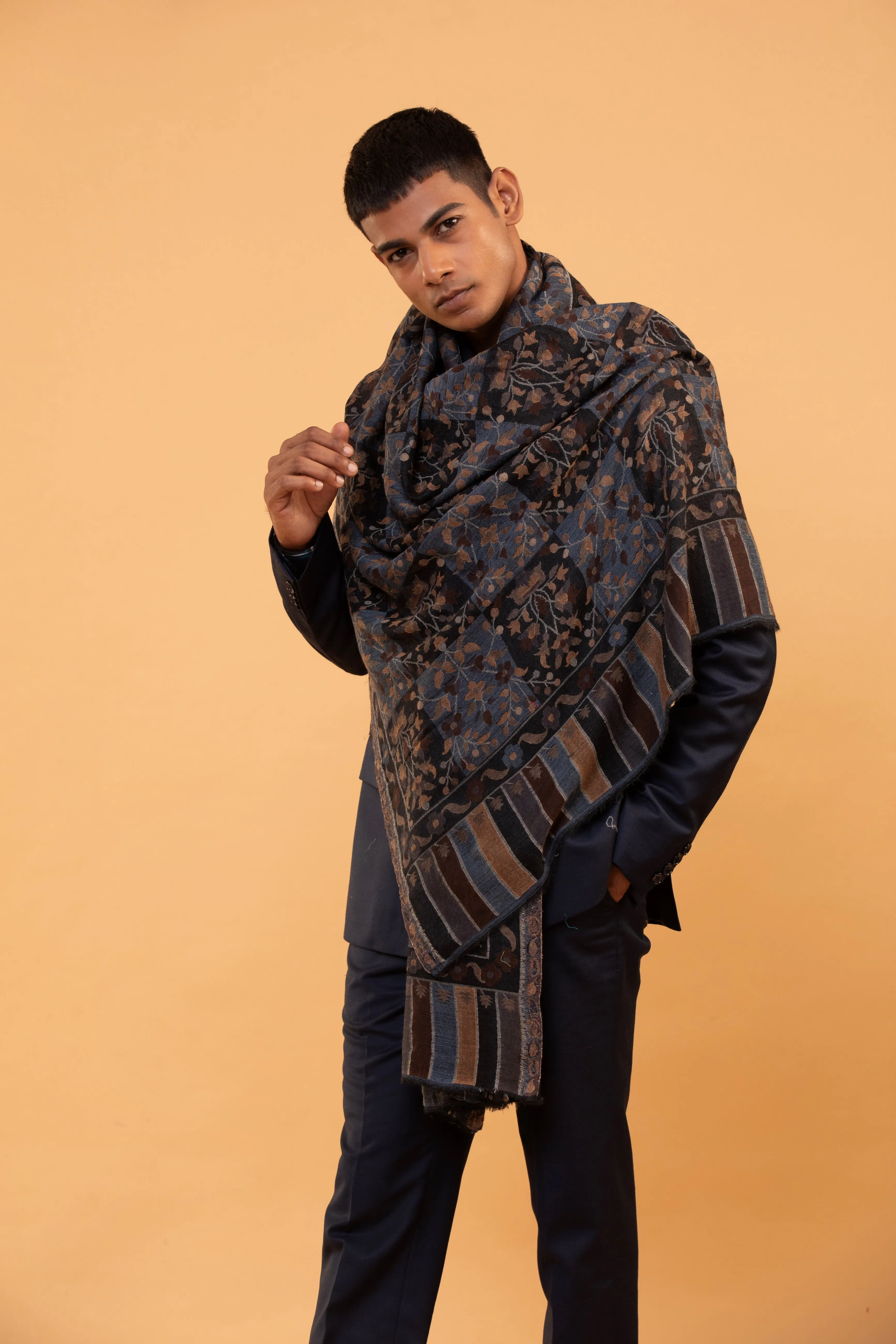 Alluring Dark Navy and Midnight Black Kani Shawl for Men with Paisley Pattern