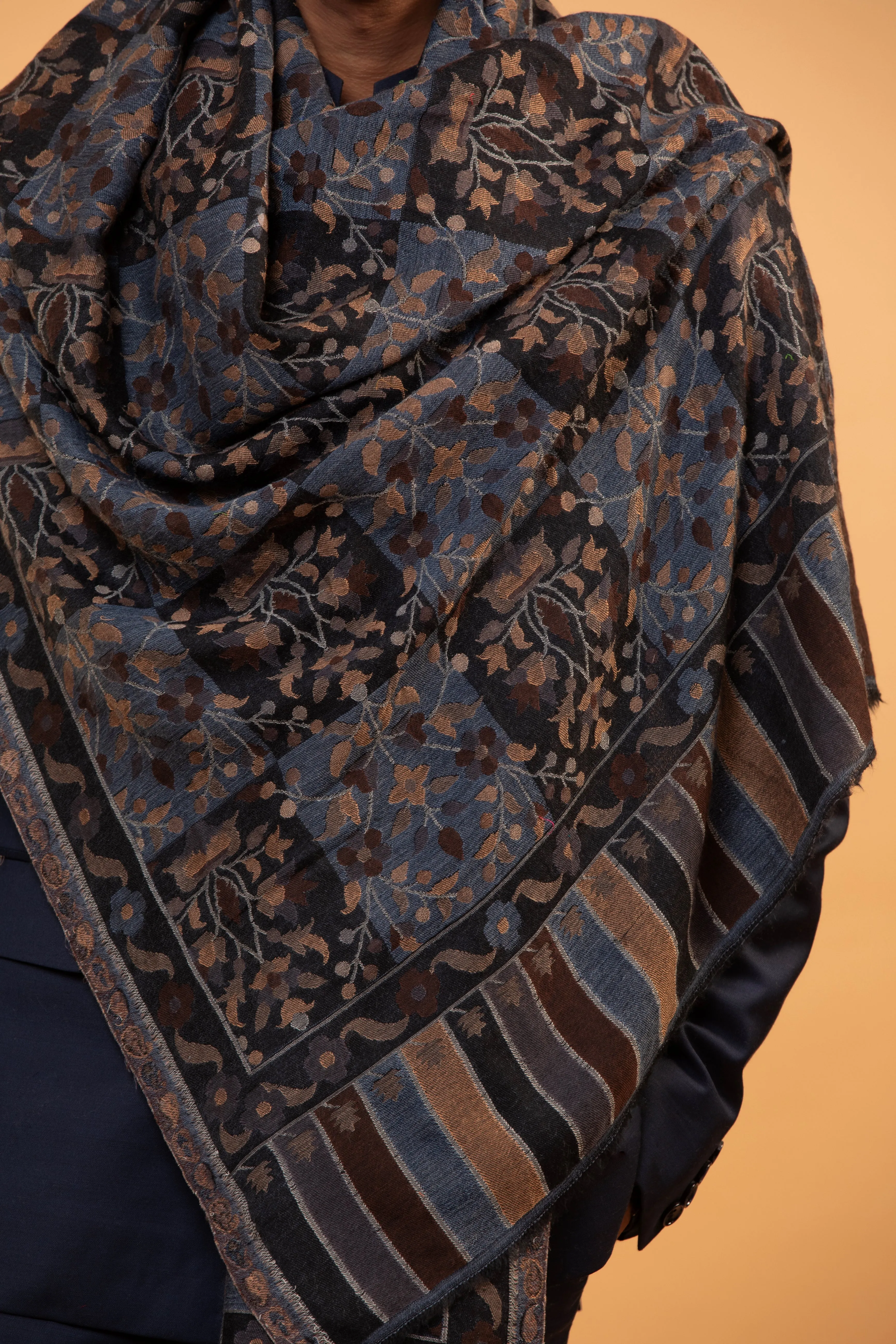 Alluring Dark Navy and Midnight Black Kani Shawl for Men with Paisley Pattern