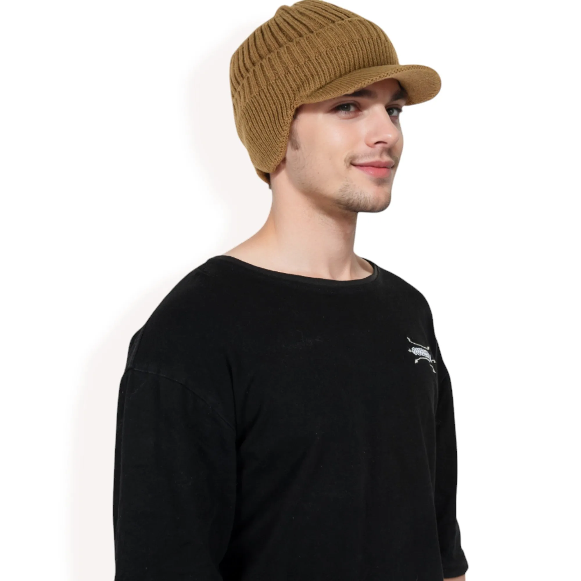 Anna-Kaci Men's Ribbed Knit Baseball Cap with Ear Flap Coverage for Winter Warmth and Style