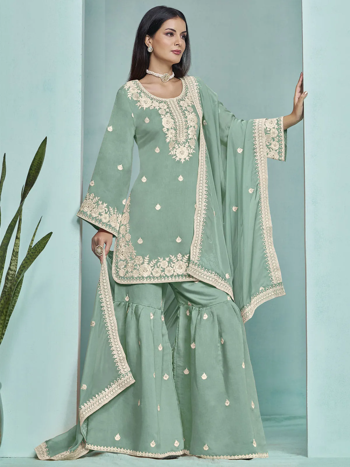 Aqua Designer Style Silk Gharara Style Suit