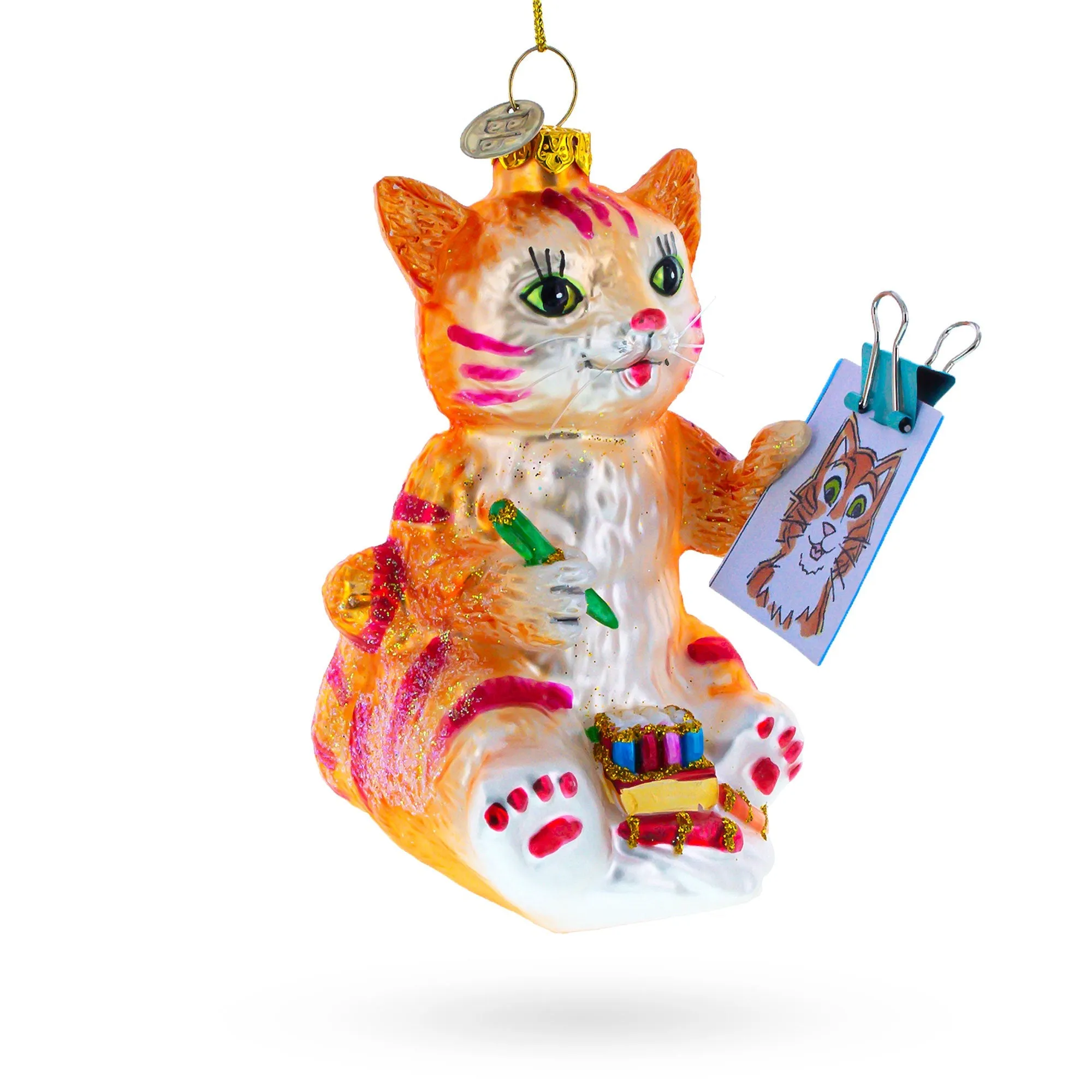 Artistic Cat Creating A Self-portrait - Blown Glass Christmas Ornament