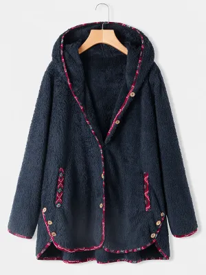 Artistic Print Stitching Lamb Wool Hooded Women's Jacket