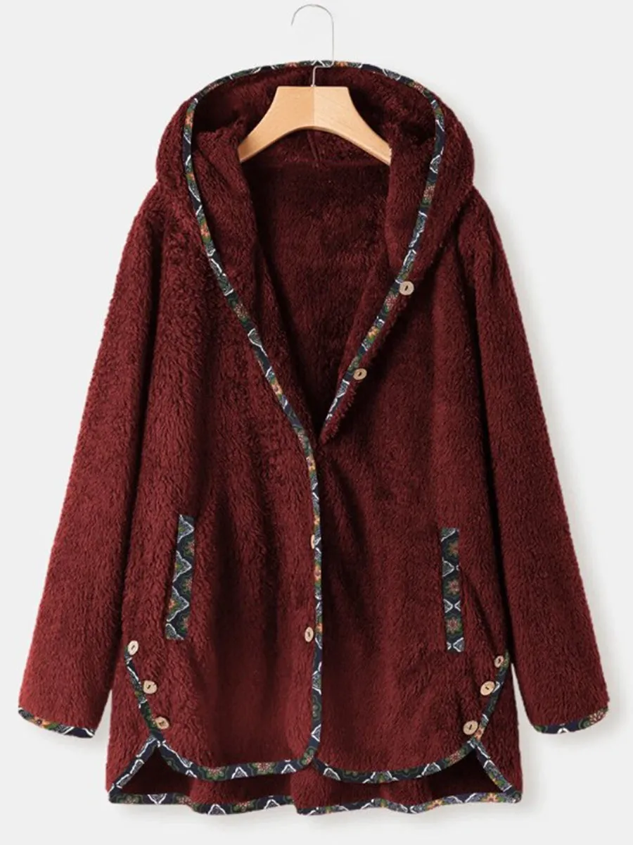 Artistic Print Stitching Lamb Wool Hooded Women's Jacket