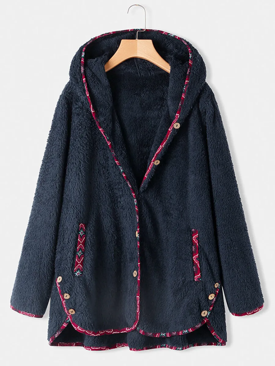 Artistic Print Stitching Lamb Wool Hooded Women's Jacket
