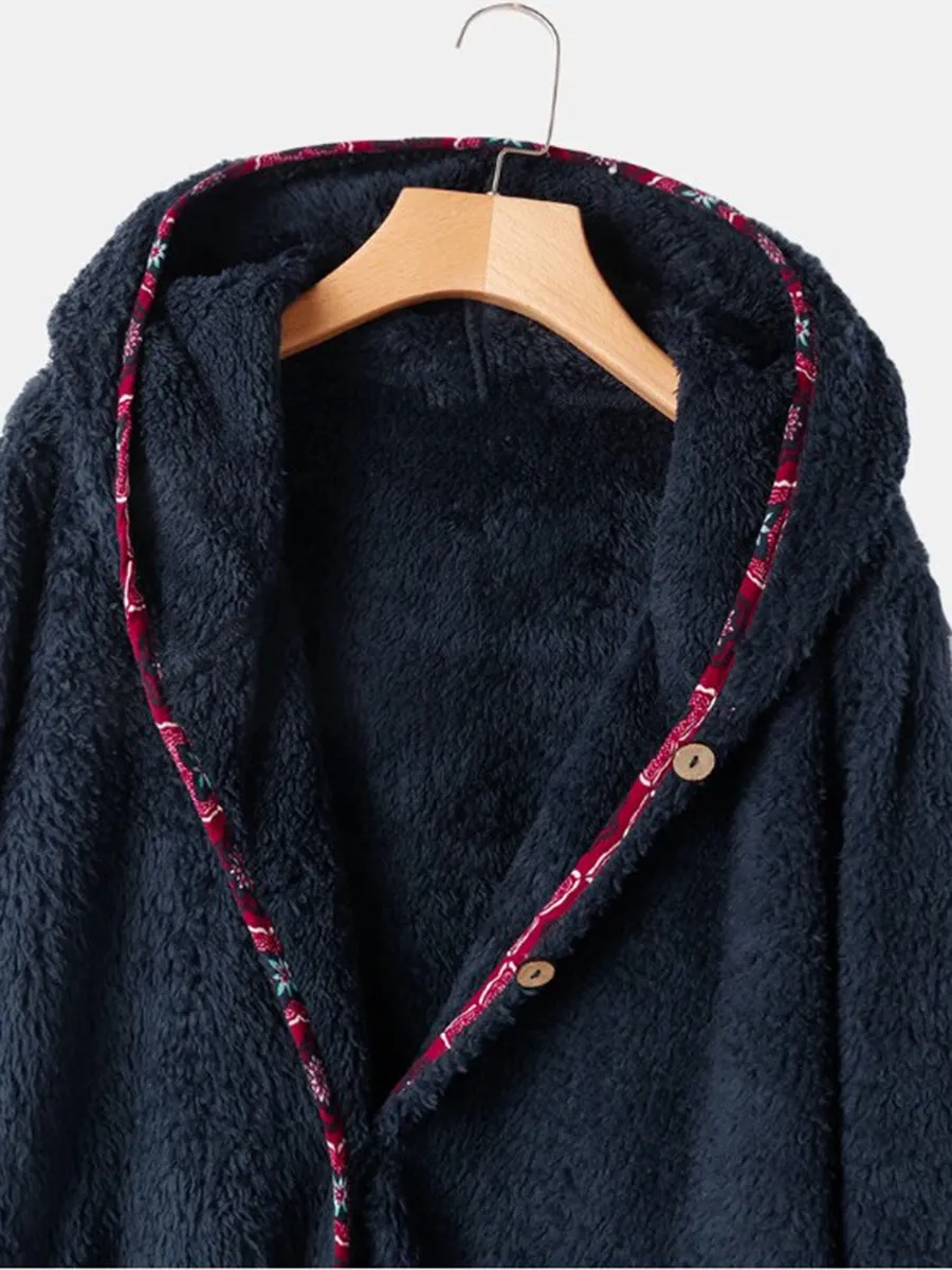 Artistic Print Stitching Lamb Wool Hooded Women's Jacket