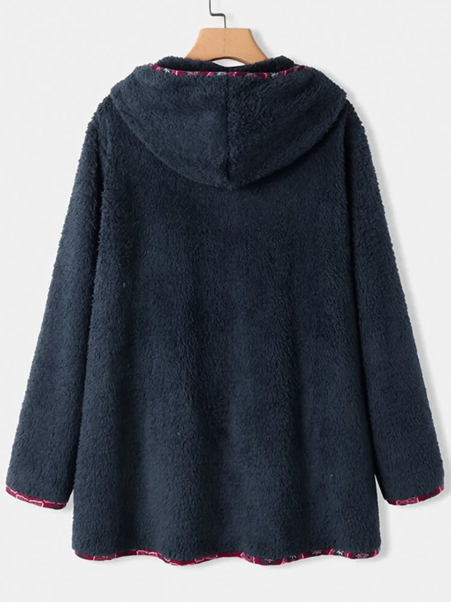 Artistic Print Stitching Lamb Wool Hooded Women's Jacket