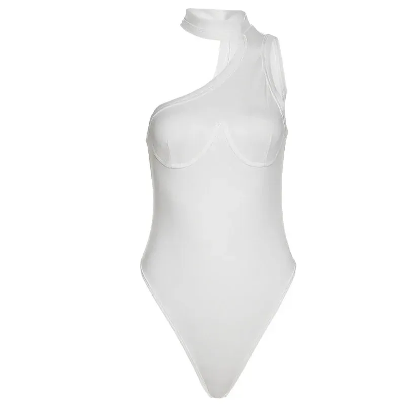 Asymmetrical Halter Sleeveless Solid Color Skinny Bodysuit