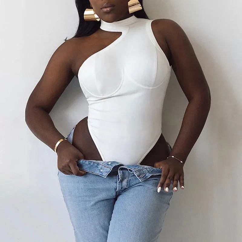 Asymmetrical Halter Sleeveless Solid Color Skinny Bodysuit