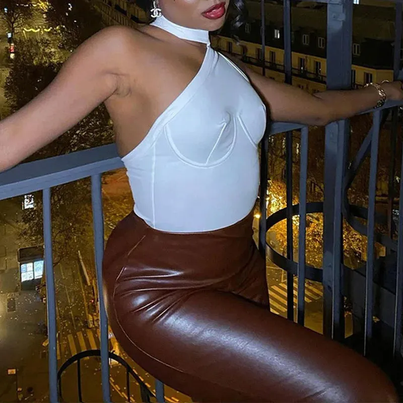 Asymmetrical Halter Sleeveless Solid Color Skinny Bodysuit