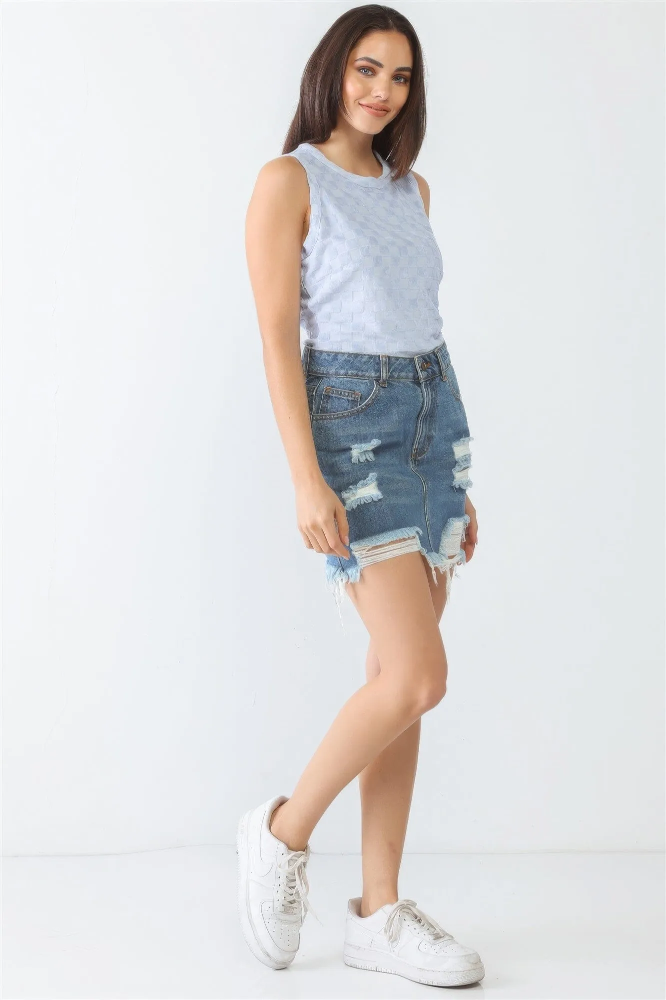 Baby Blue Chess Cage Print Cotton Blend Sleeveless Bodysuit_