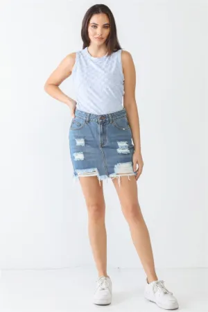 Baby Blue Chess Cage Print Cotton Blend Sleeveless Bodysuit_