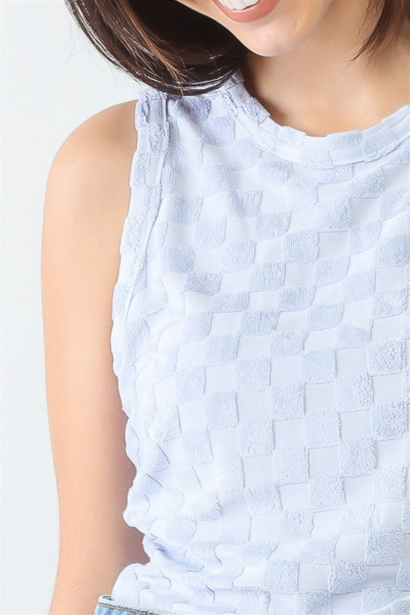 Baby Blue Chess Cage Print Cotton Blend Sleeveless Bodysuit_