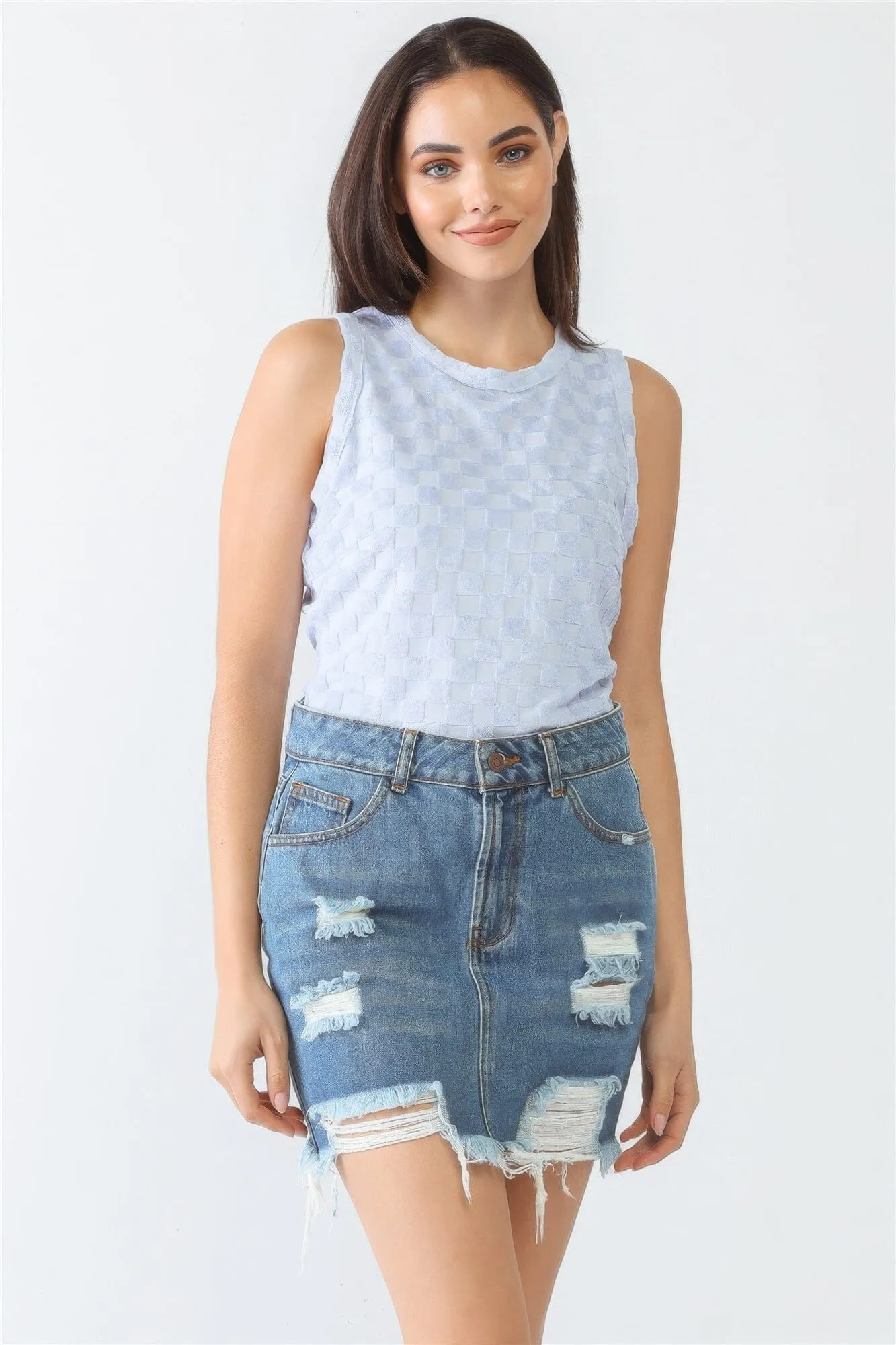 Baby Blue Chess Cage Print Cotton Blend Sleeveless Bodysuit_