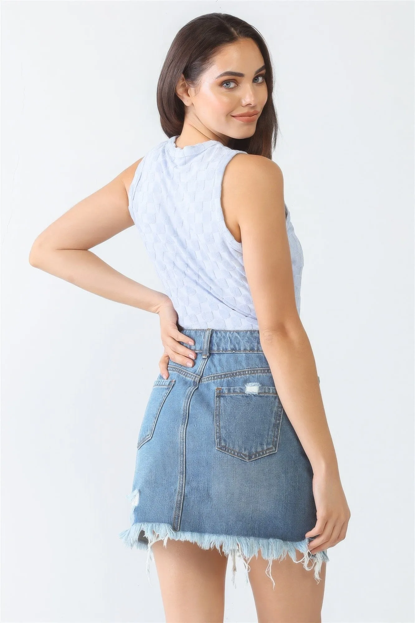 Baby Blue Chess Cage Print Cotton Blend Sleeveless Bodysuit_
