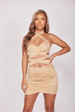 Beige Cross Strap Detail Halterneck Bodycon Dress
