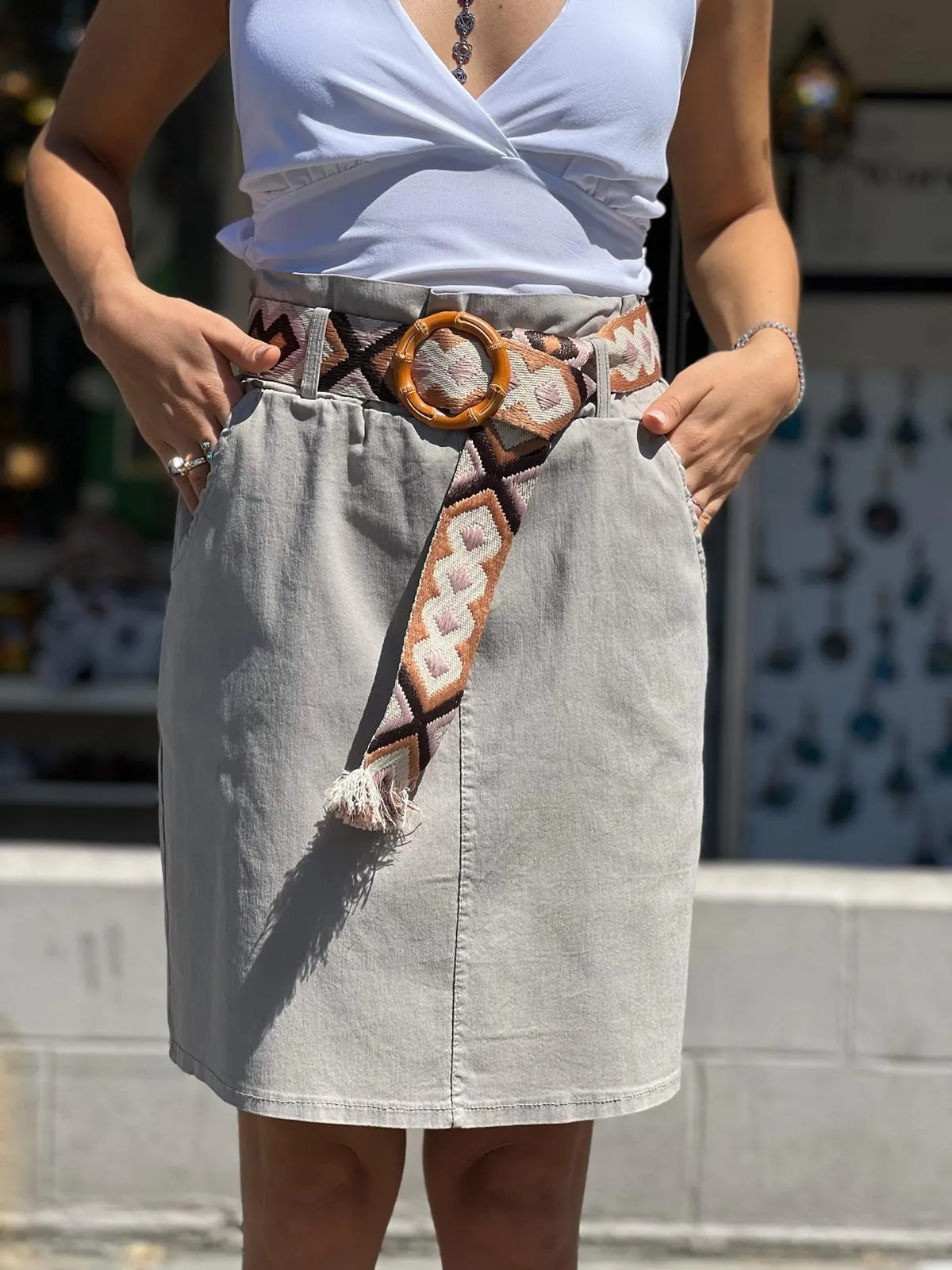Beige Skirt With Lycra Belt Detail