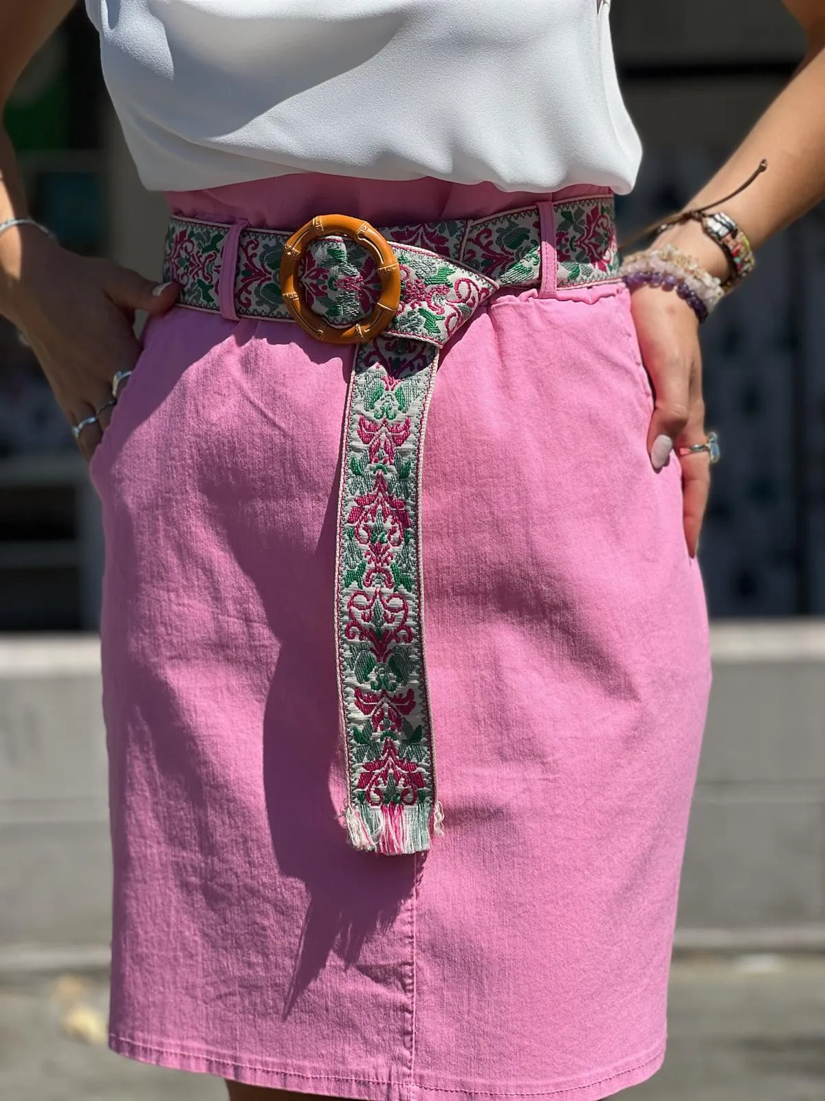 Beige Skirt With Lycra Belt Detail