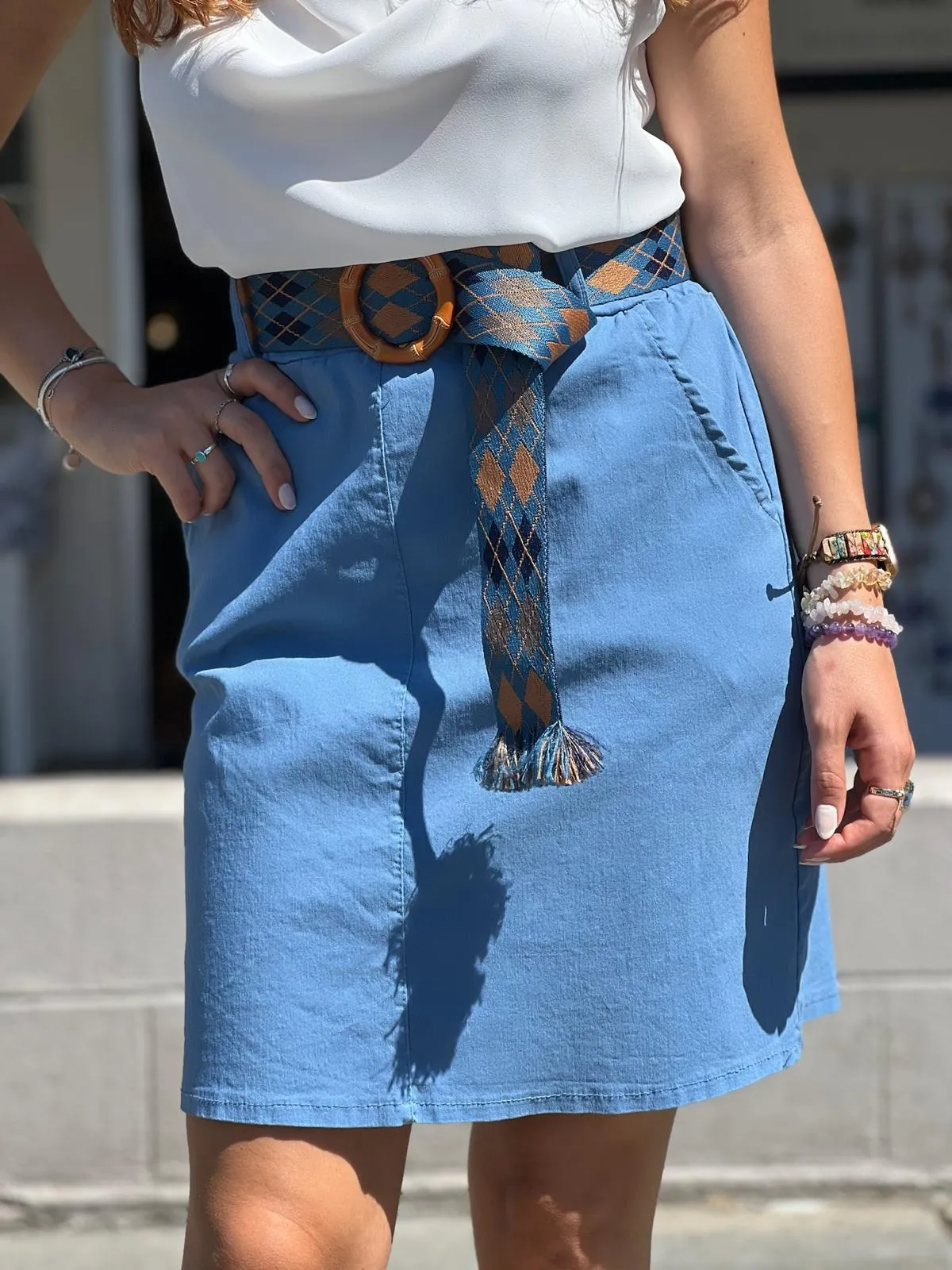 Beige Skirt With Lycra Belt Detail
