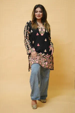 Black Colour Aari Work Neck Short Kashmiri Kurti With Thread Embroidery