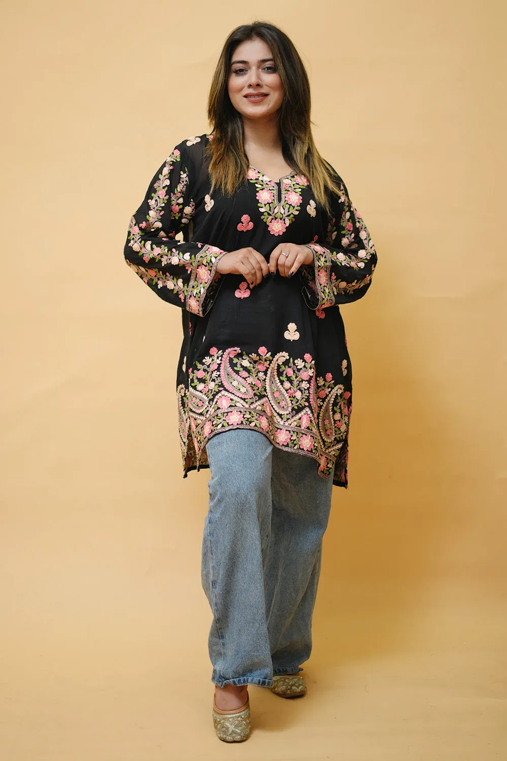 Black Colour Aari Work Neck Short Kashmiri Kurti With Thread Embroidery