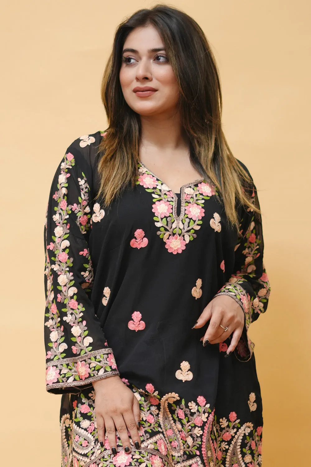 Black Colour Aari Work Neck Short Kashmiri Kurti With Thread Embroidery