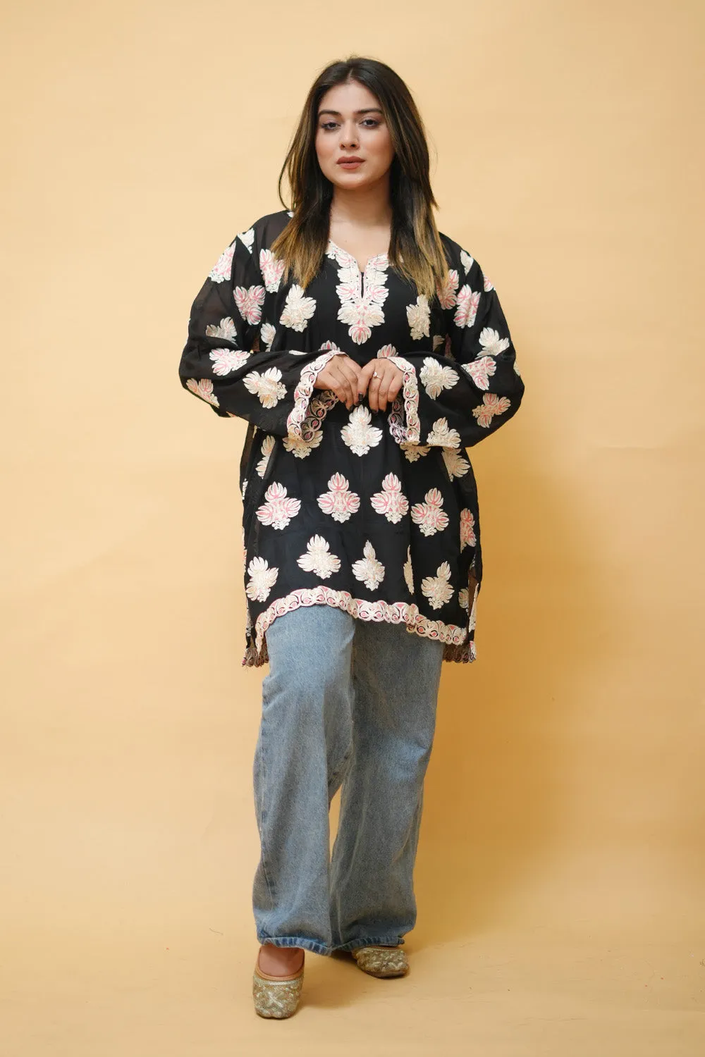 Black Colour Aari Work Neck Short Kashmiri Kurti With Thread Embroidery