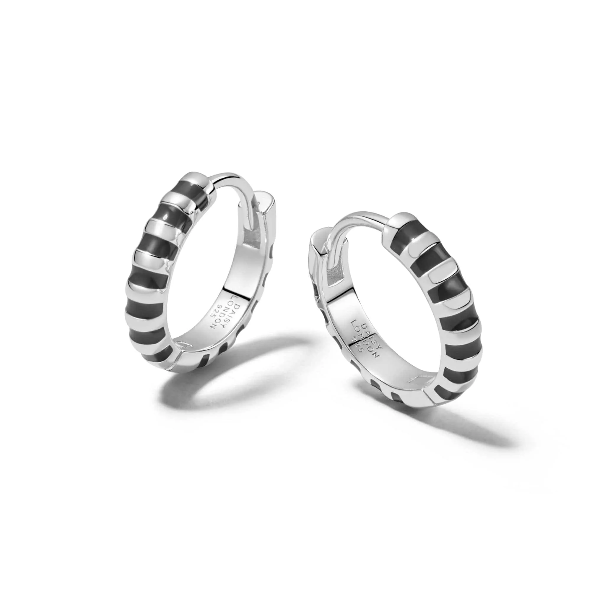 Black Fine Stripe Huggie Hoop Earrings Sterling Silver