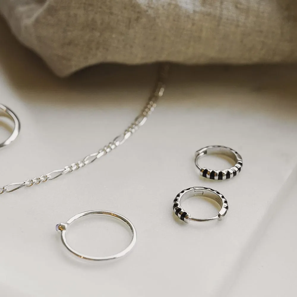 Black Fine Stripe Huggie Hoop Earrings Sterling Silver