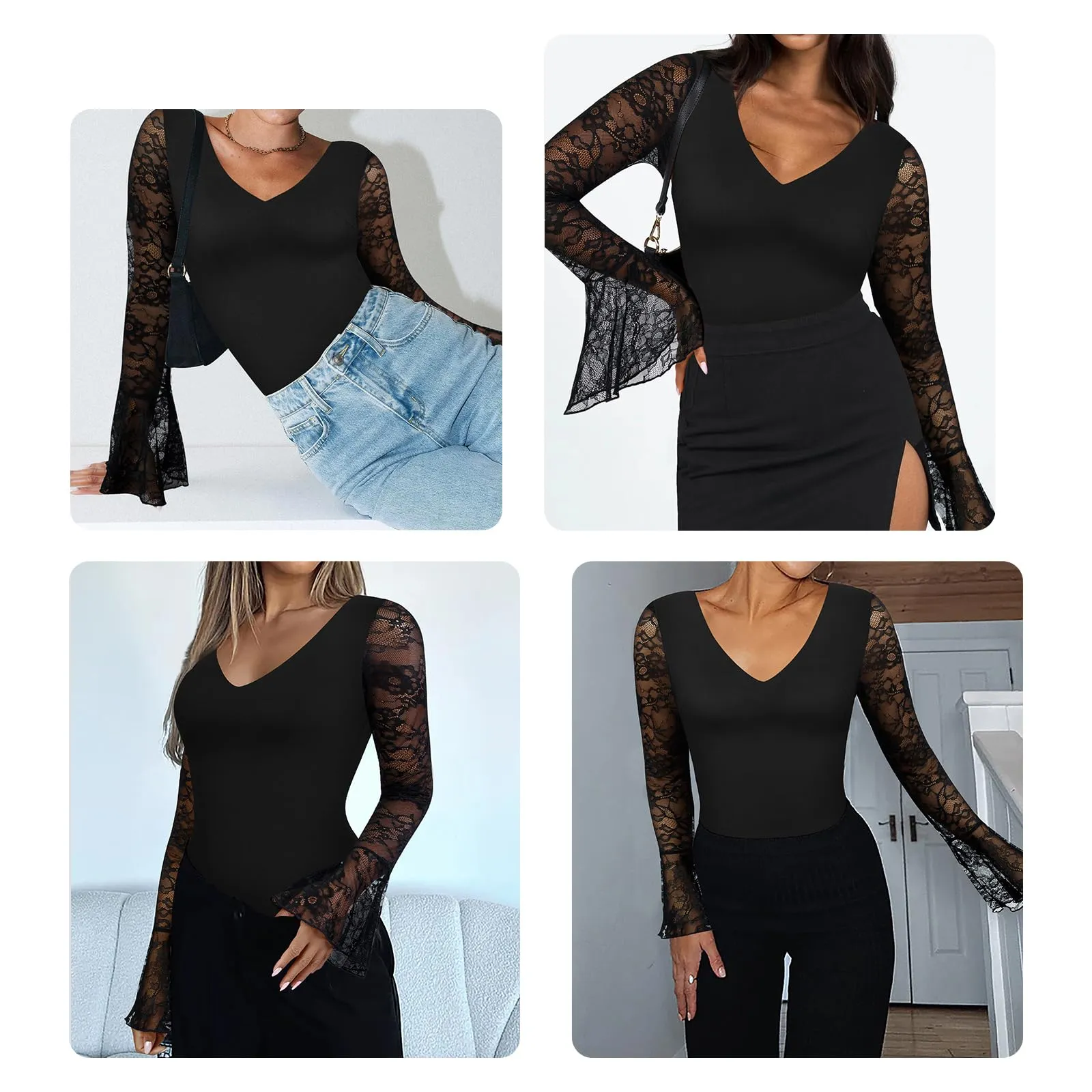 Black Lace Ruffled Long Sleeve Bodysuit