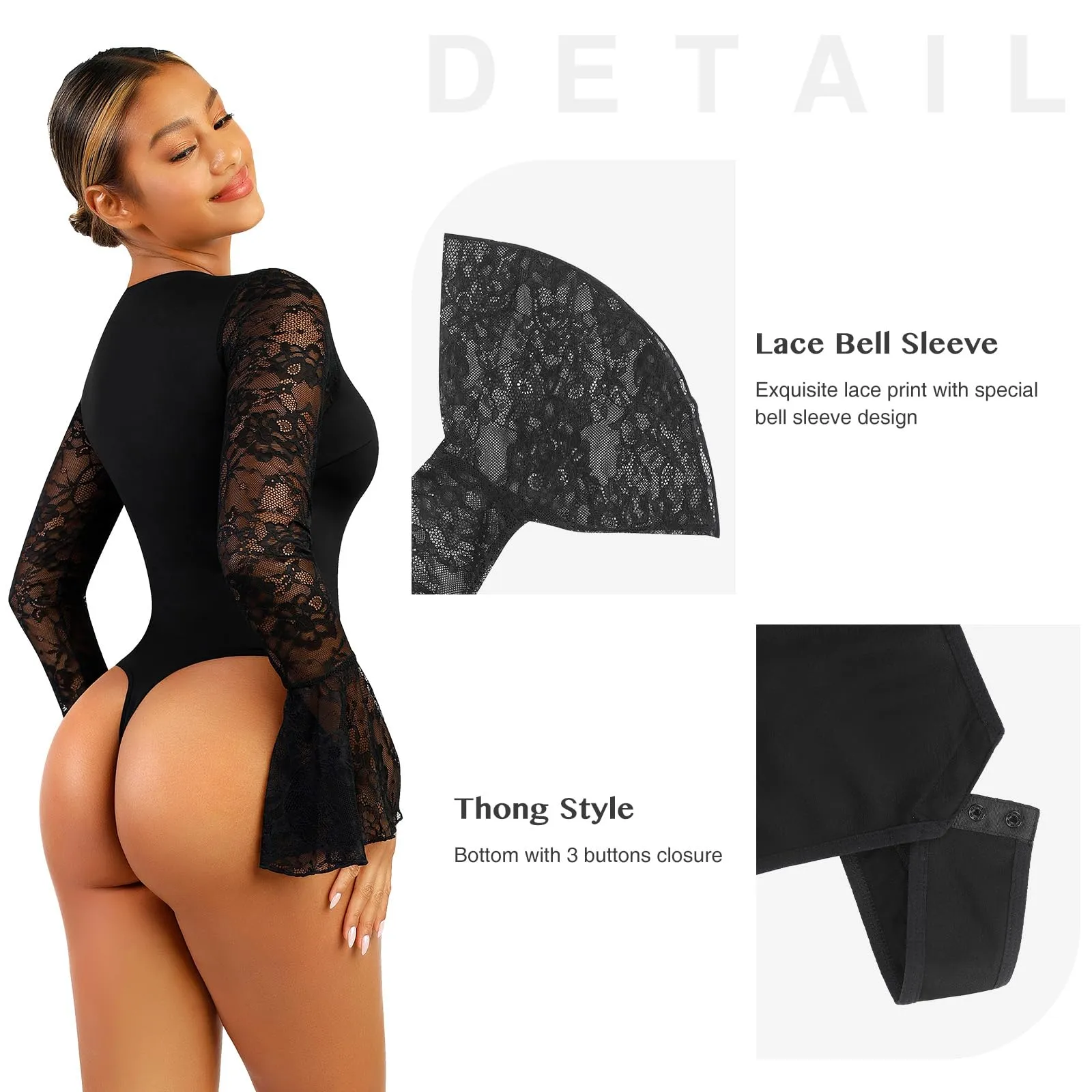 Black Lace Ruffled Long Sleeve Bodysuit