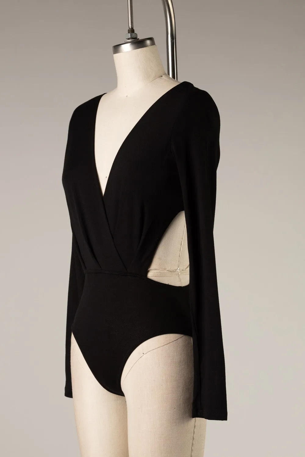 Black Long Sleeve Cut Out Deep V Neck Bodysuit