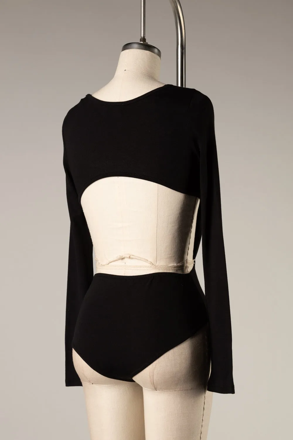 Black Long Sleeve Cut Out Deep V Neck Bodysuit