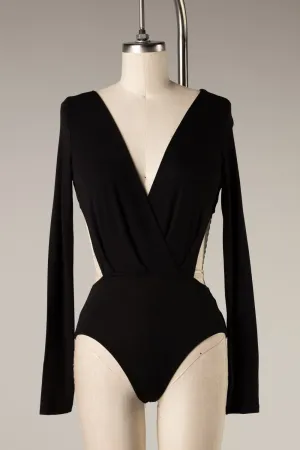 Black Long Sleeve Cut Out Deep V Neck Bodysuit