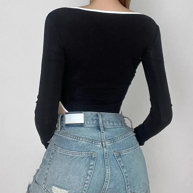 Black Square Neck Long Sleeve  Stitched Bodysuit