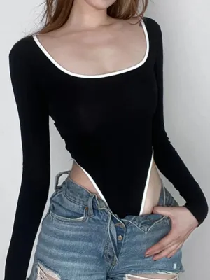 Black Square Neck Long Sleeve  Stitched Bodysuit