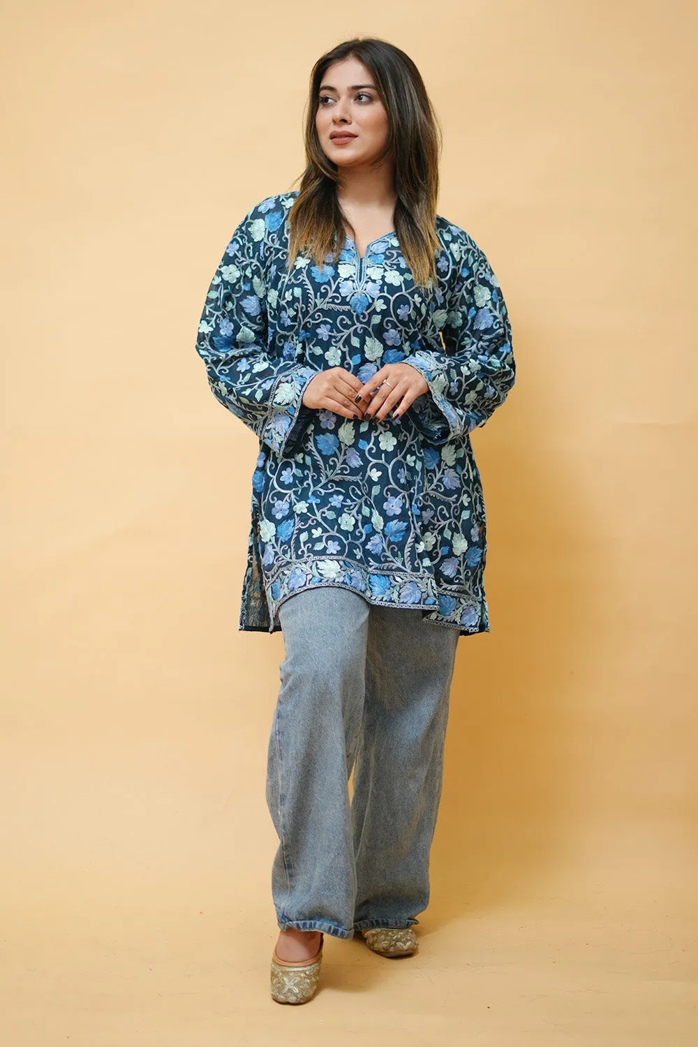 Blue Colour Aari Work Neck Short Kashmiri Kurti With Thread Embroidery Running Jaal