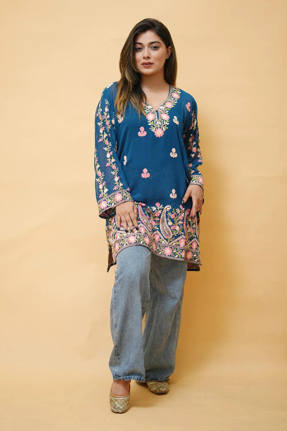 Blue Colour Aari Work Neck Short Kashmiri Kurti With Thread Embroidery