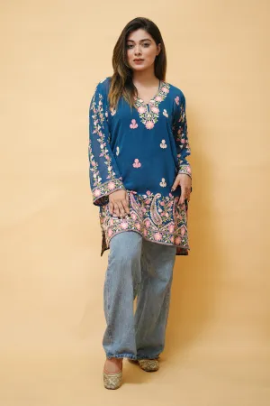 Blue Colour Aari Work Neck Short Kashmiri Kurti With Thread Embroidery