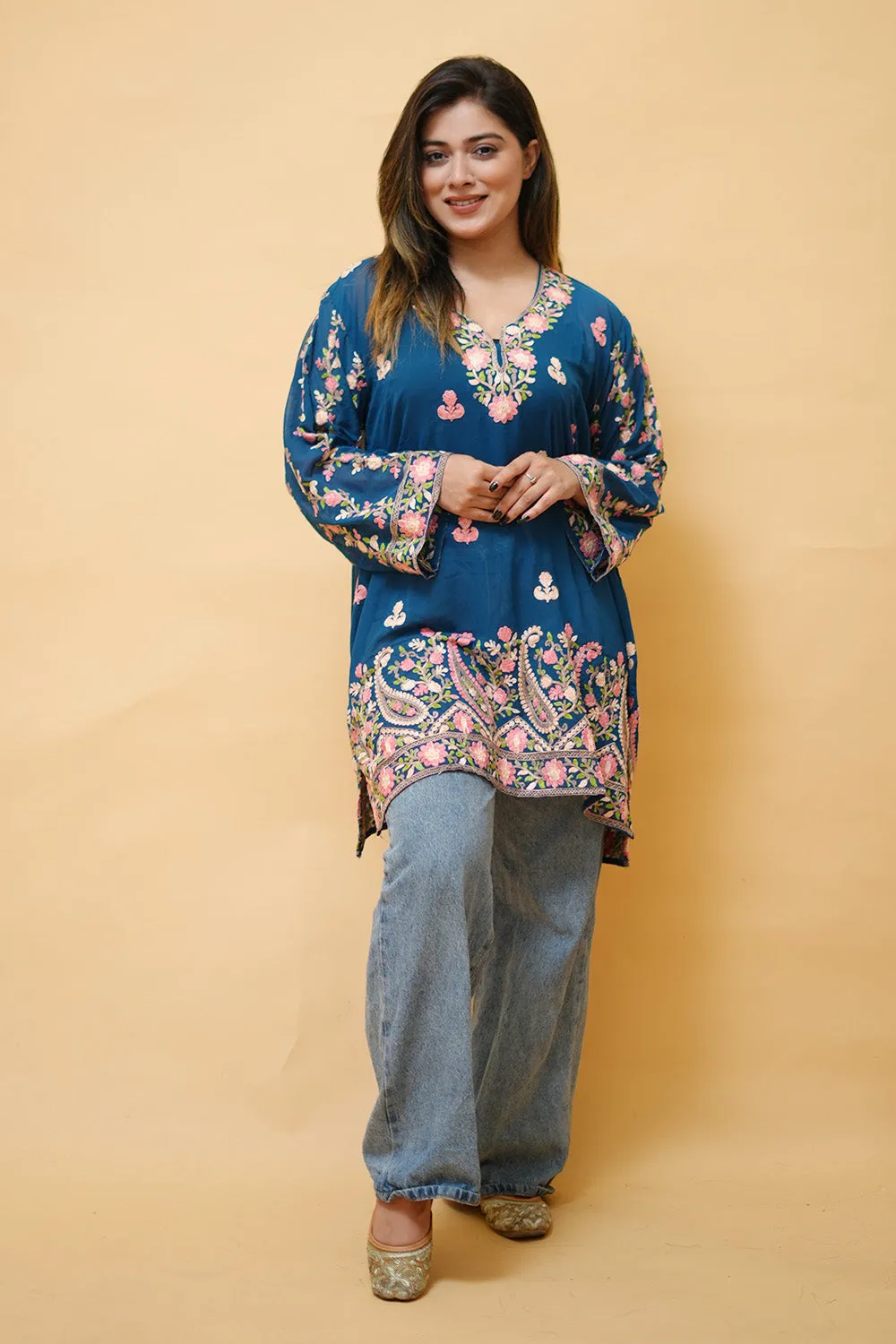 Blue Colour Aari Work Neck Short Kashmiri Kurti With Thread Embroidery