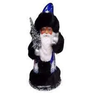 Blue Santa Winter Scene Black Trim German Paper Mache Candy Container