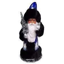 Blue Santa Winter Scene Black Trim German Paper Mache Candy Container