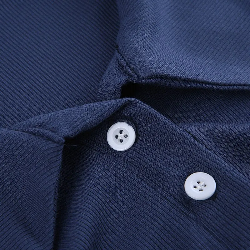 Blue Turn-Down Collar Long-Sleeve Bodysuit