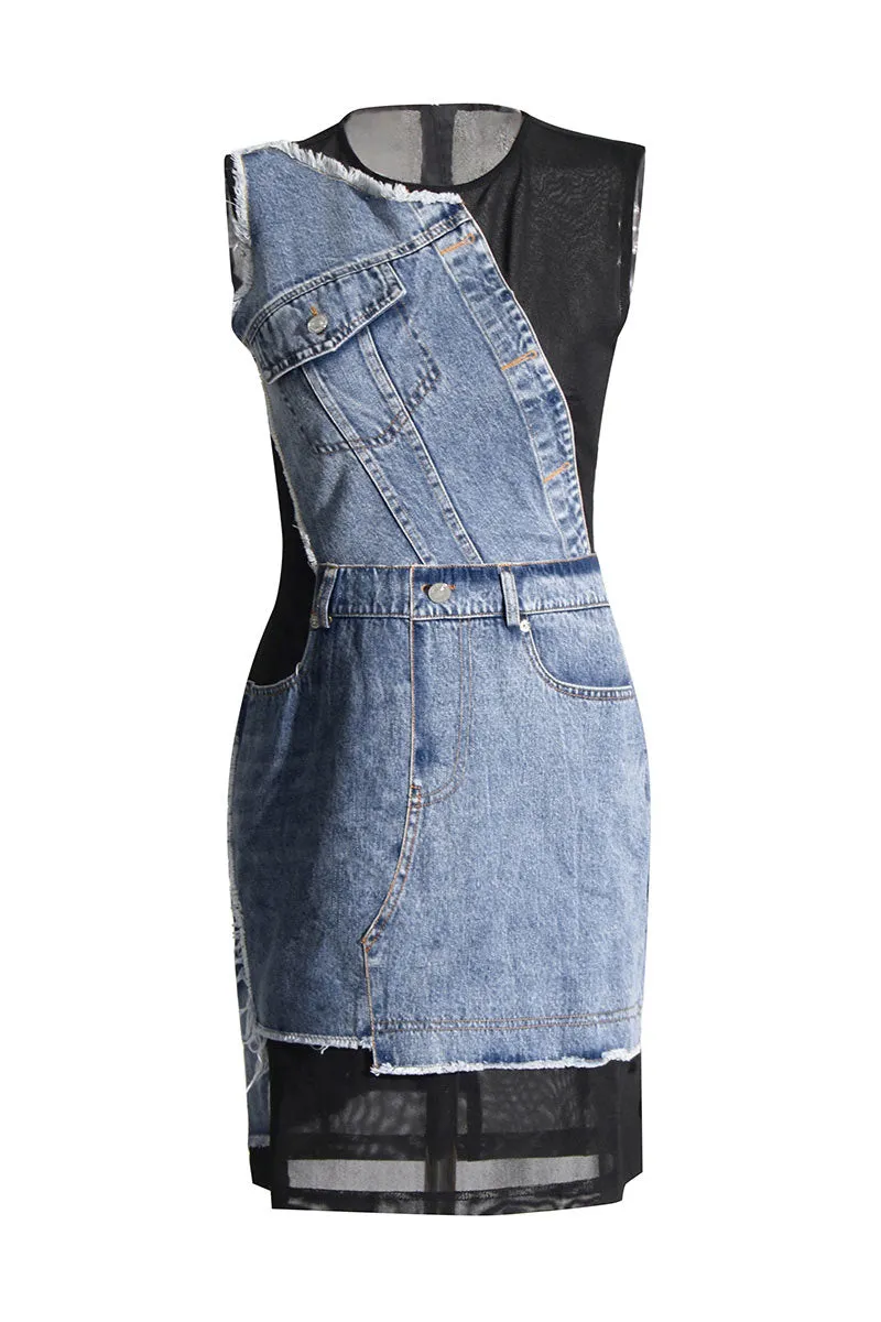 BM0348 Mesh Denim Mini Dress